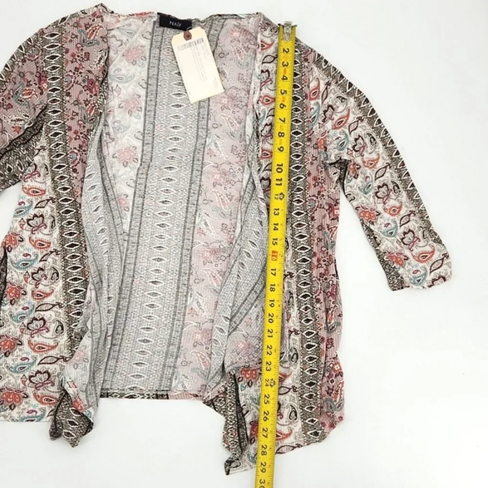 Naïf Cardigan Size 3X Womens Paisley Print  Gauze 3/4 Ruched Sleeves Open Front